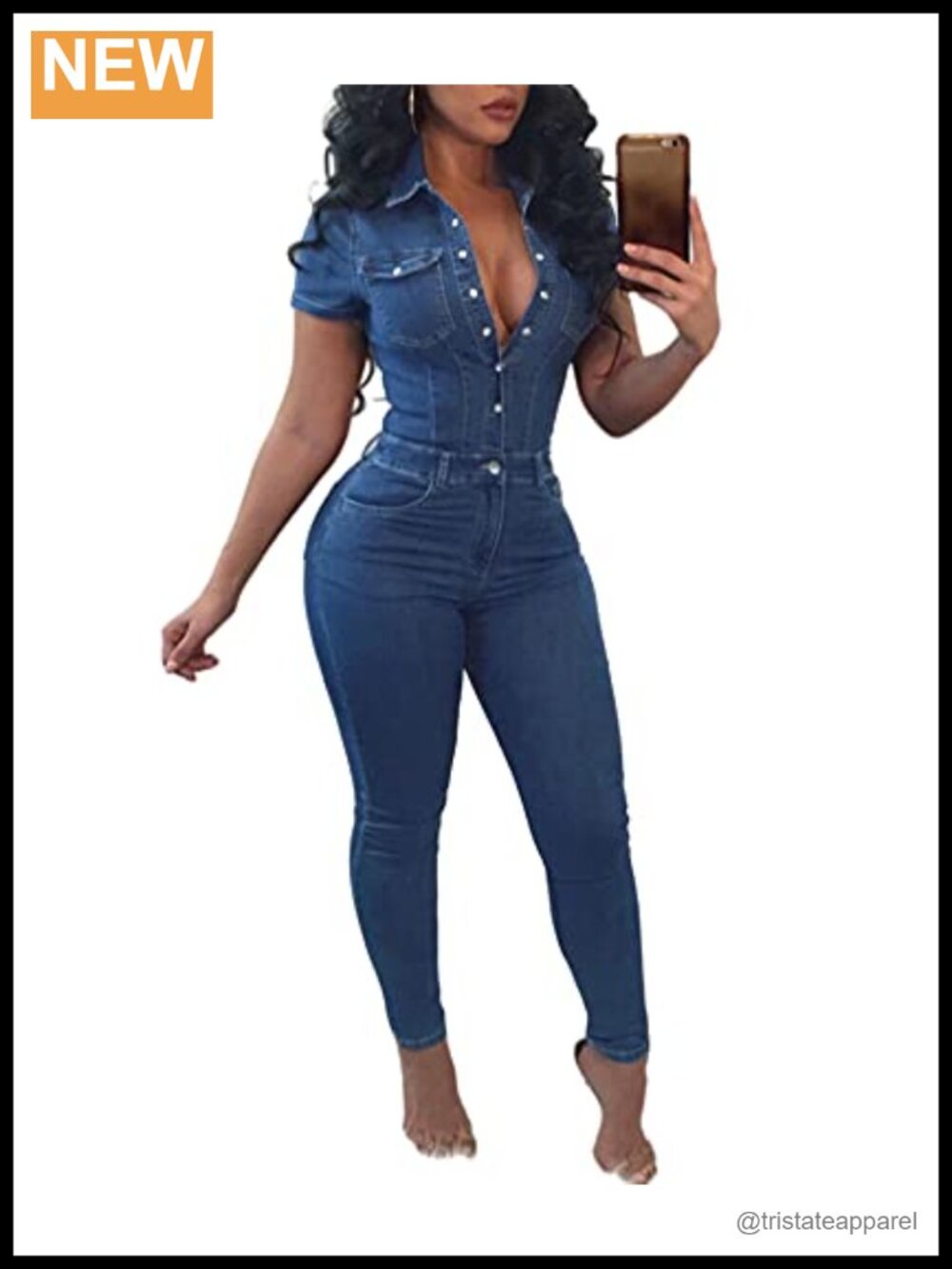 Sexy Button Down Slim Fit Denim Long Jumpsuit - Full Length Lapel Jean Romper